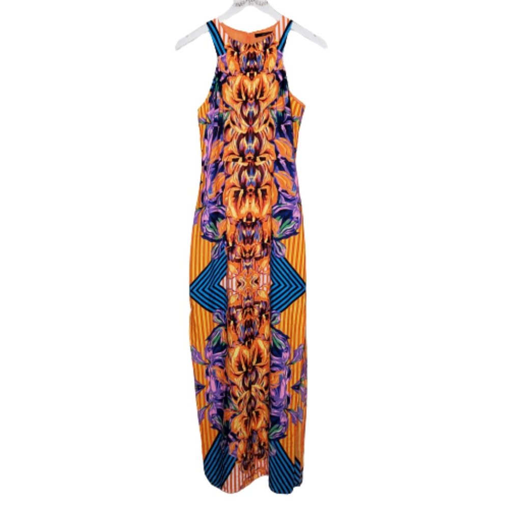 NEW Ark & Co Floral Printed Orange Striped High Slit Bohemian Maxi Dress Sz S